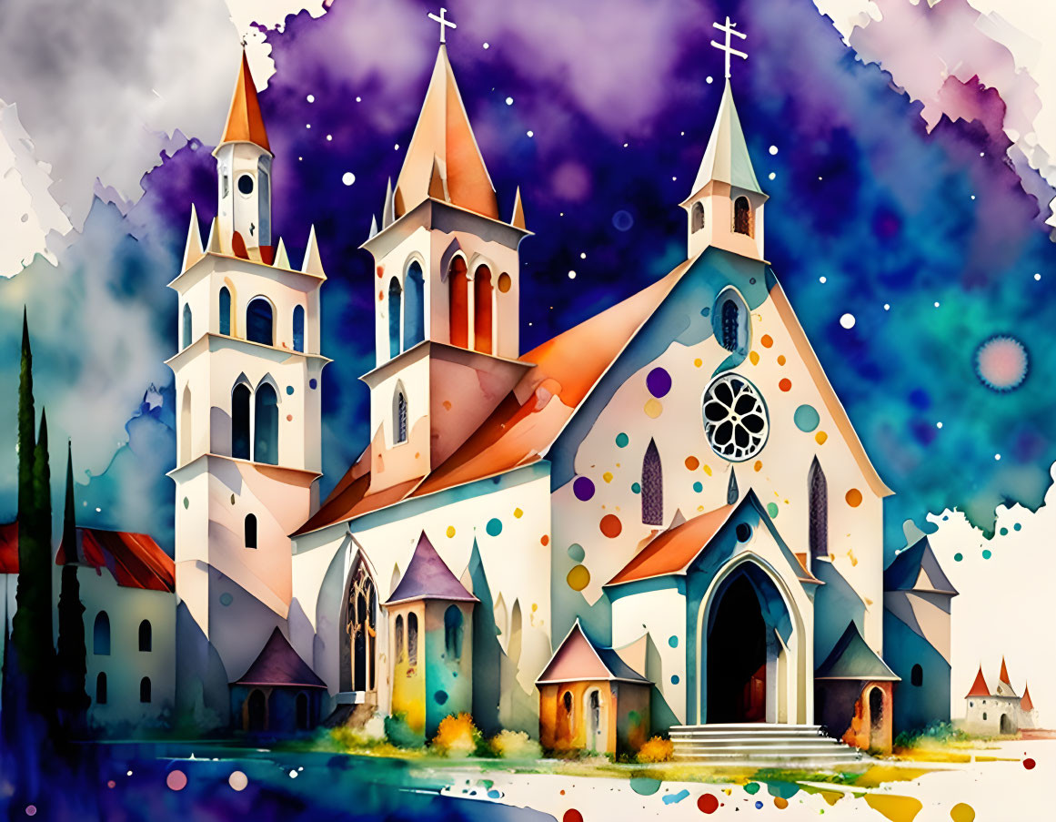 Whimsical church watercolor illustration with vibrant background