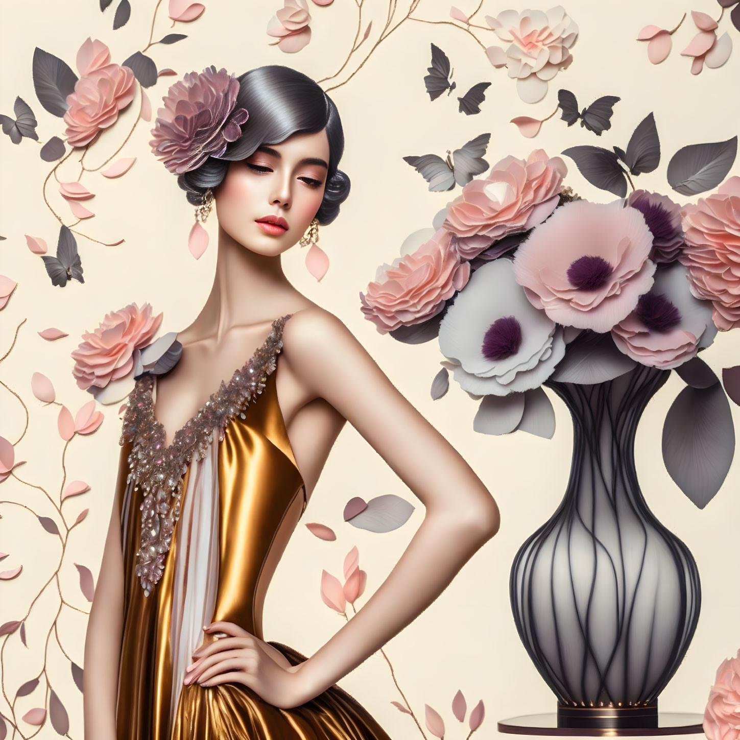 Illustrated woman in gold dress with floral background and vase.