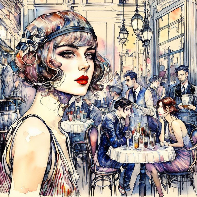 1920s-themed stylish woman in vibrant café scene