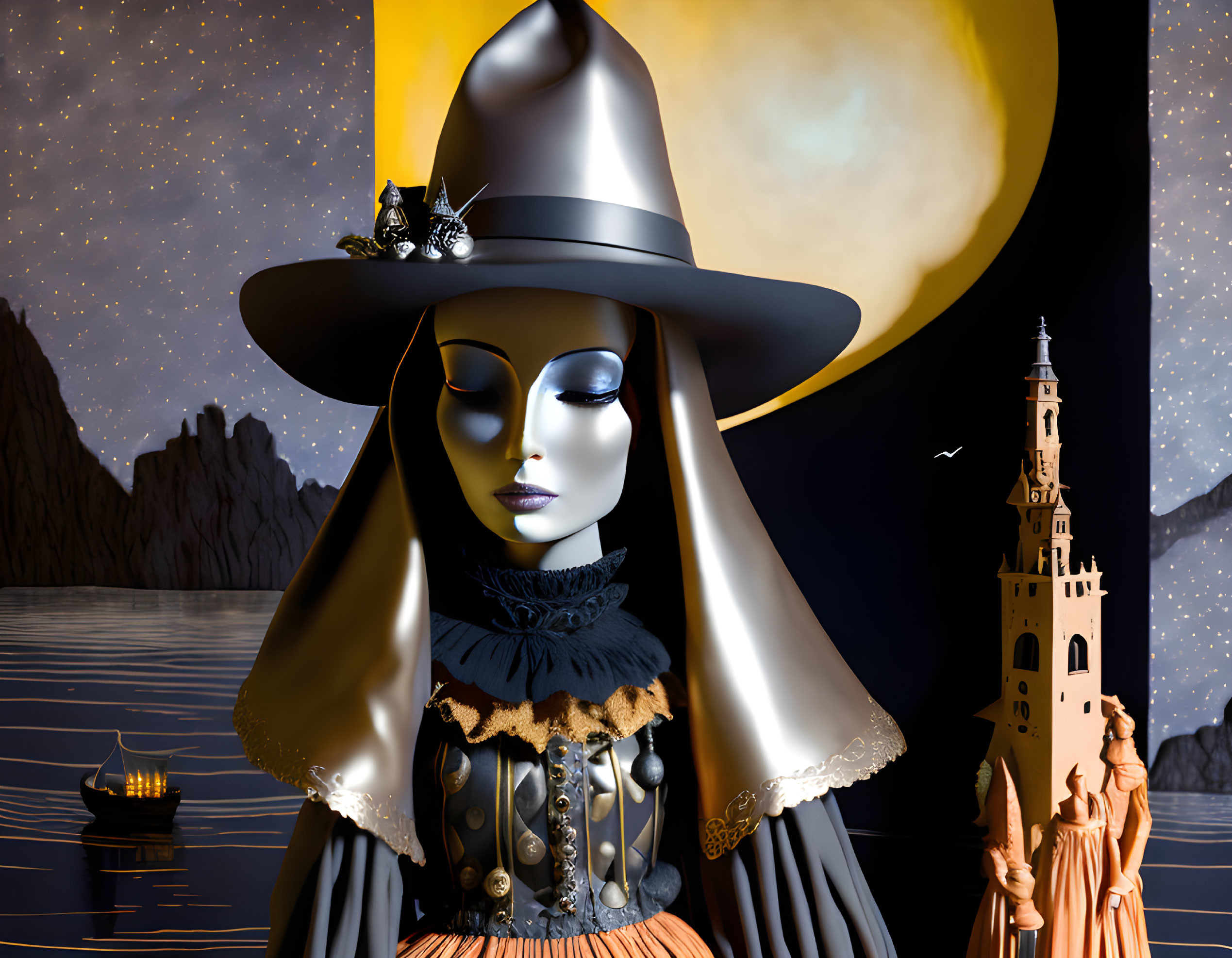 Mannequin in witch costume under moonlit night with pointy hat and fantasy buildings