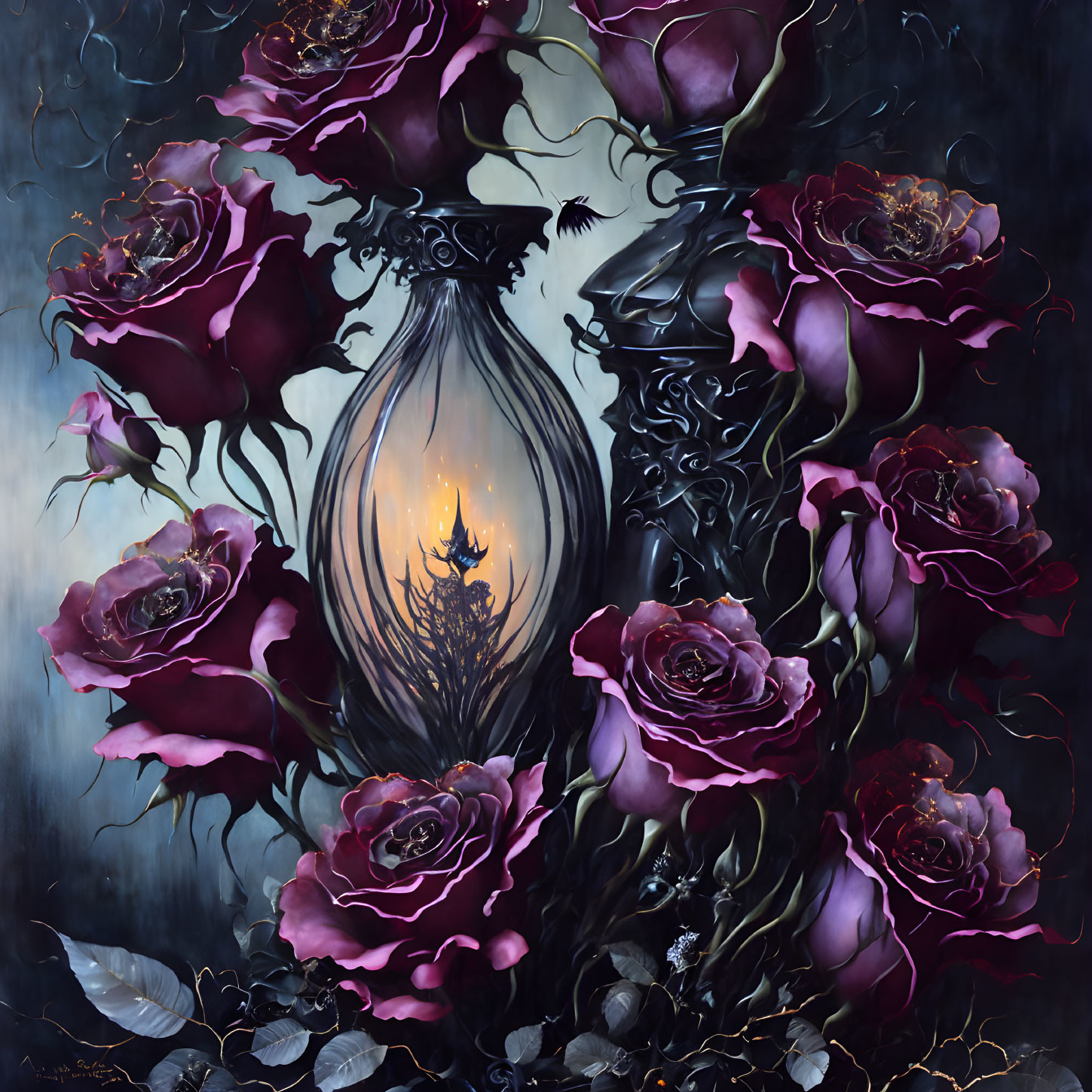 Gothic illustration: Dark purple roses, ornate lantern, warm flame, moody background