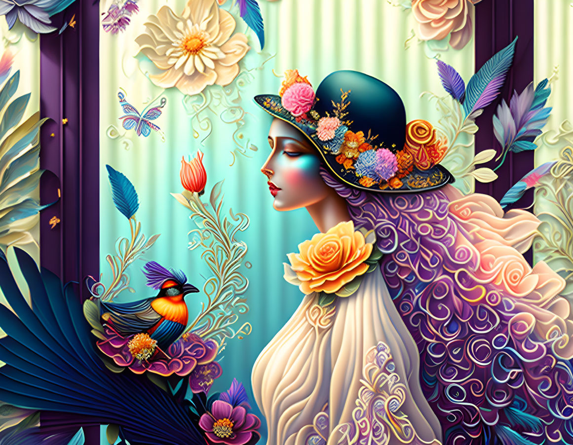 Colorful Illustration of Lady with Floral Hat and Bird Among Flowers