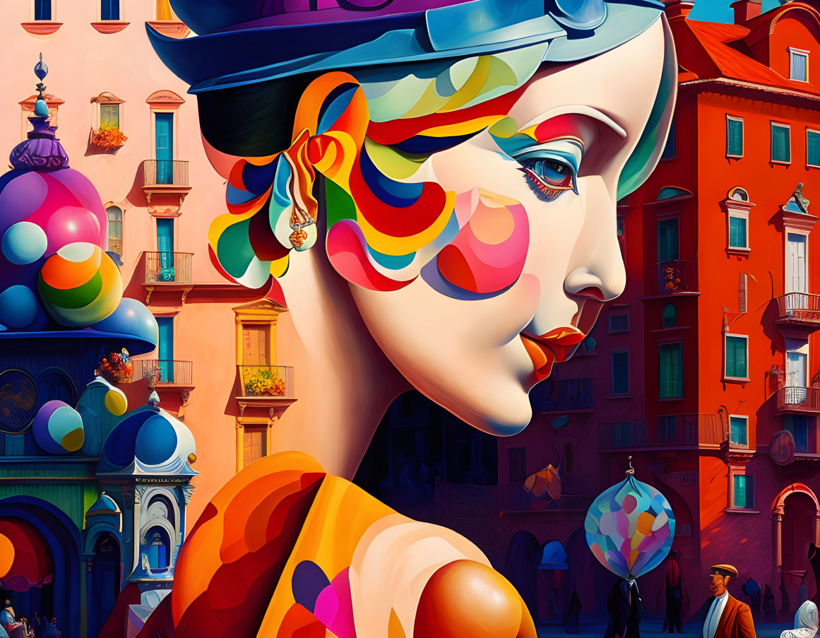 Colorful digital artwork: stylized female face with swirling patterns in surreal townscape