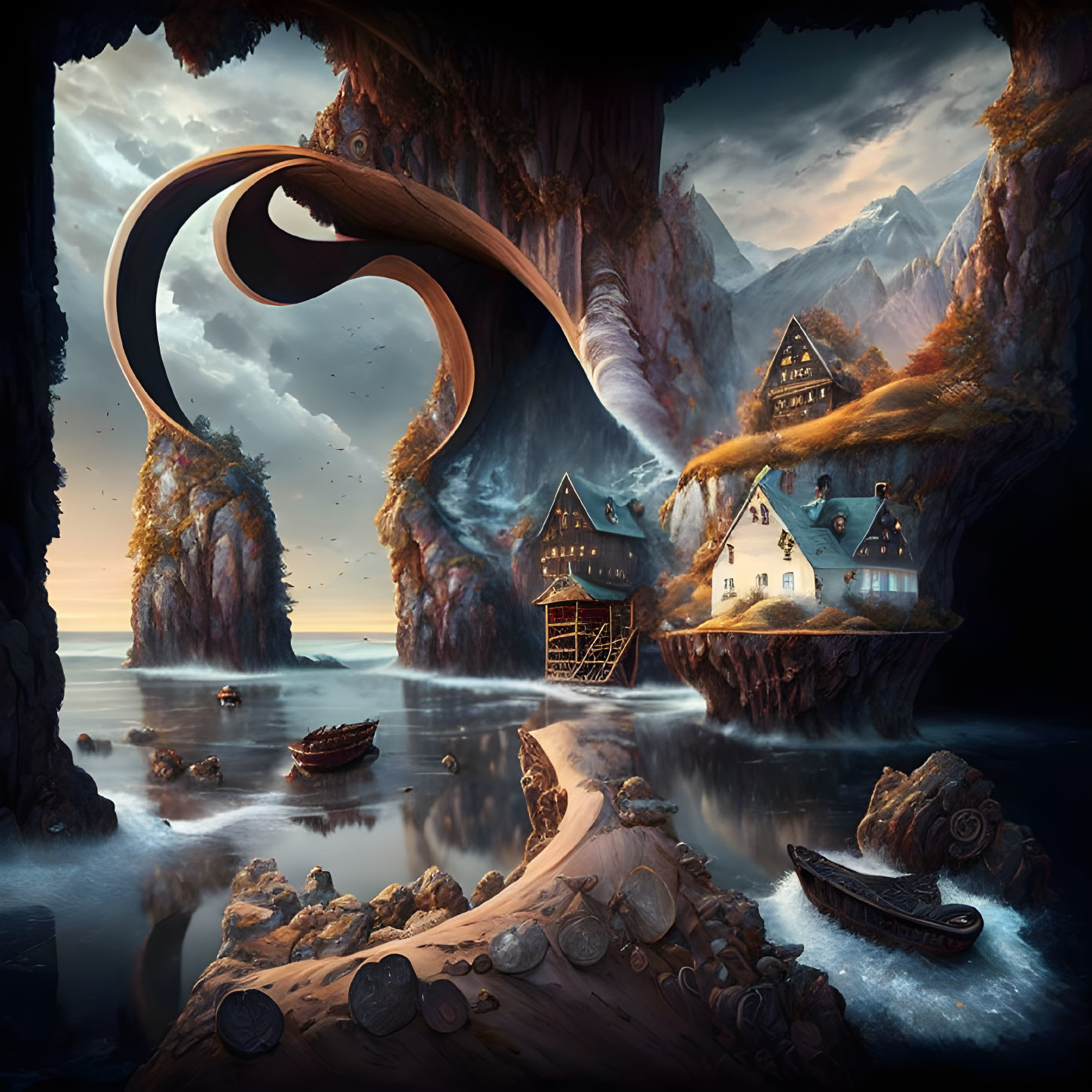 Fantasy landscape with cliff houses, tree root bridge, boats, mountains, and coins.