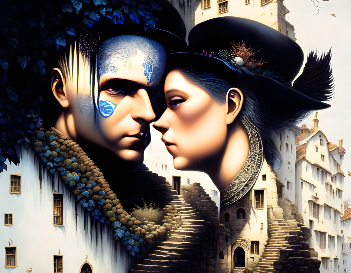 Intricately painted faces merge with European village scene in fantasy setting