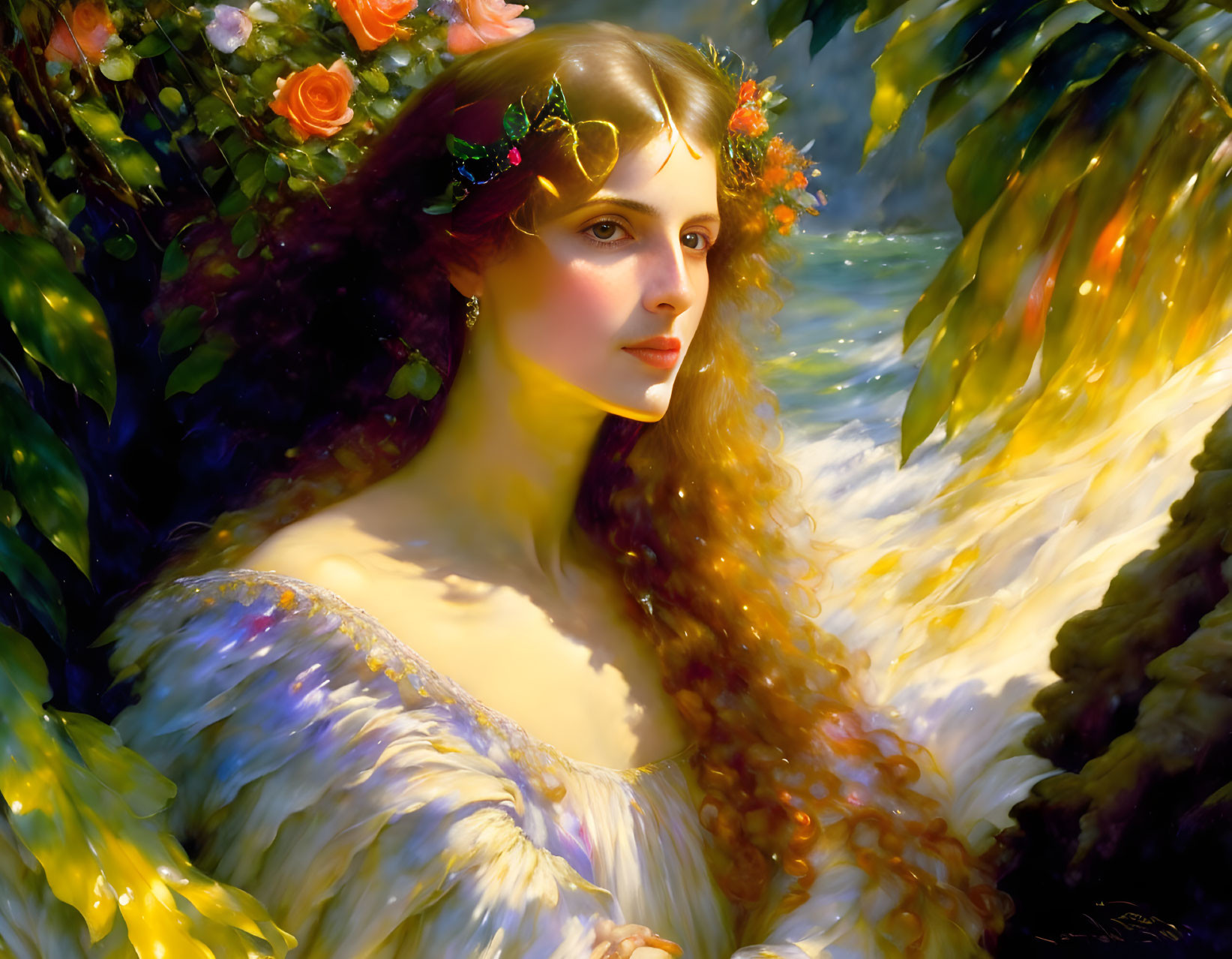 Woman with Flowing Hair and Floral Adornments in Sunlit Setting