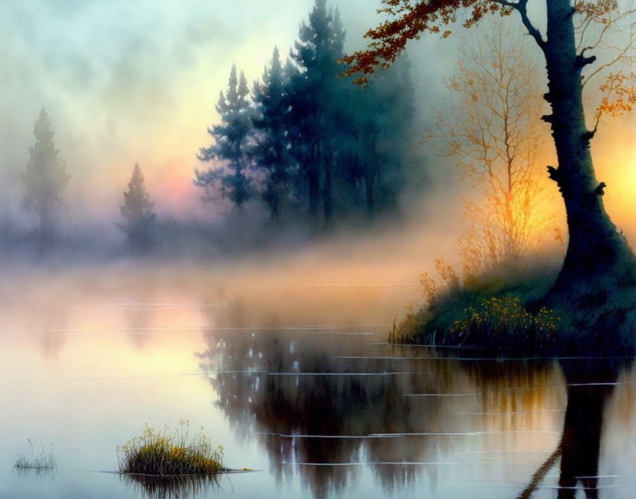 Misty Lake Sunrise with Tree Silhouettes and Reflection