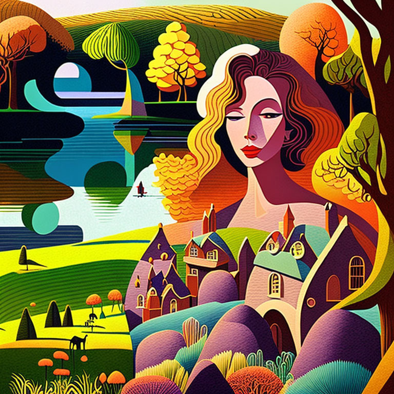 Illustration of woman's face merged with vibrant landscape in whimsical style