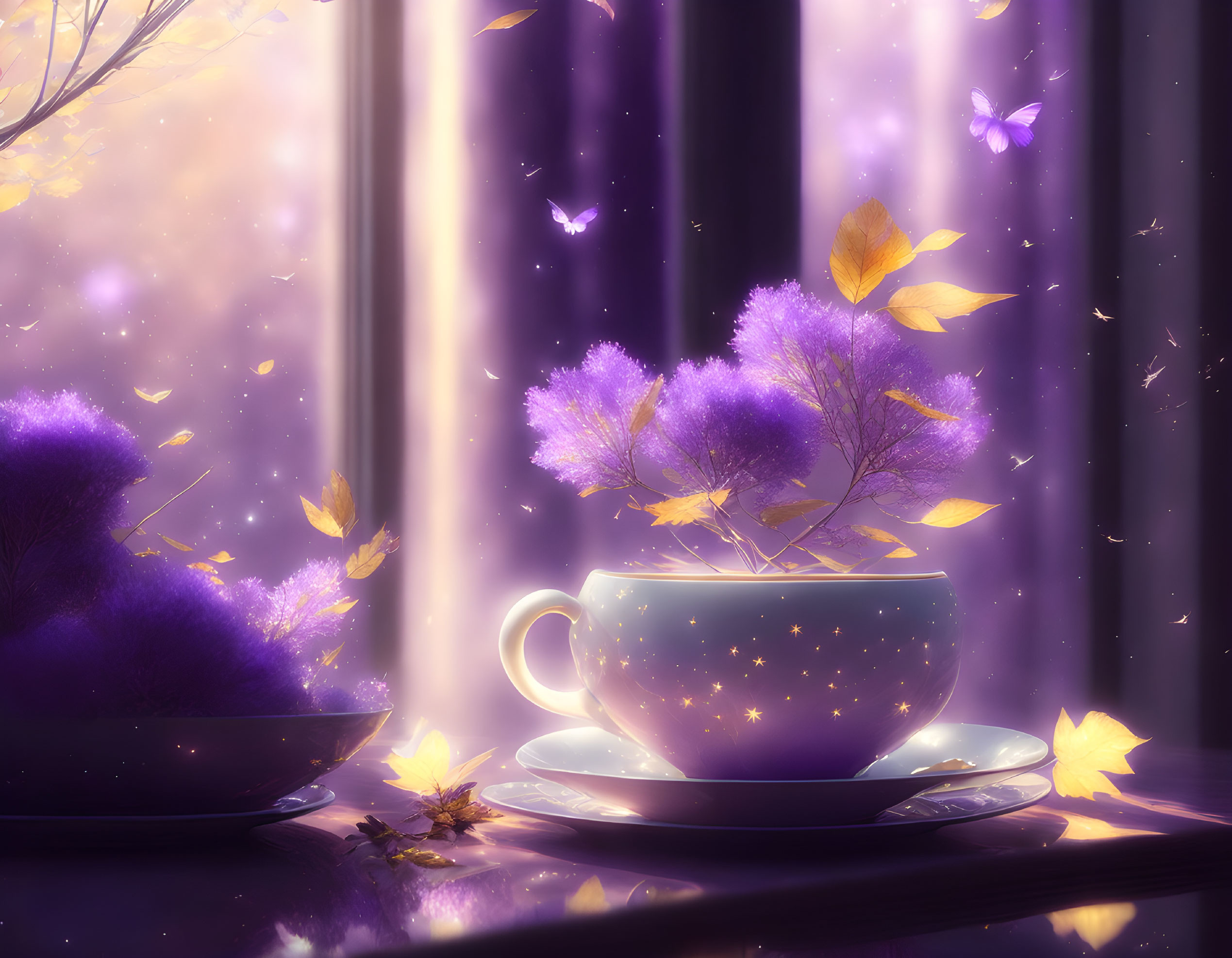 Surreal white cup with tree, butterflies, and purple foliage