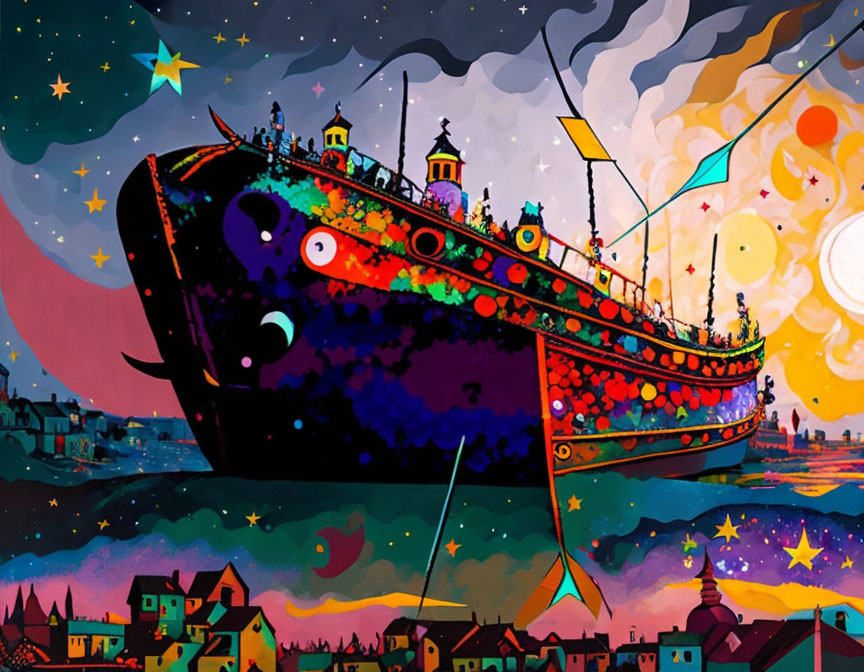 Colorful Night Sky Illustration: Ship Sailing Above Town