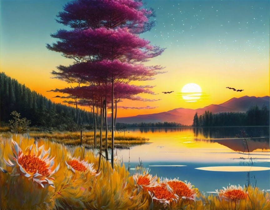 Colorful sunset landscape with pink-topped trees, reflective lake, flowers, and flying birds