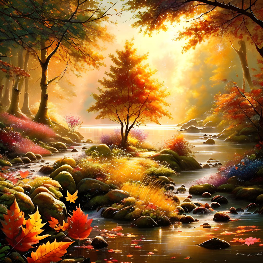 Tranquil autumn river scene with sunbeams and colorful foliage