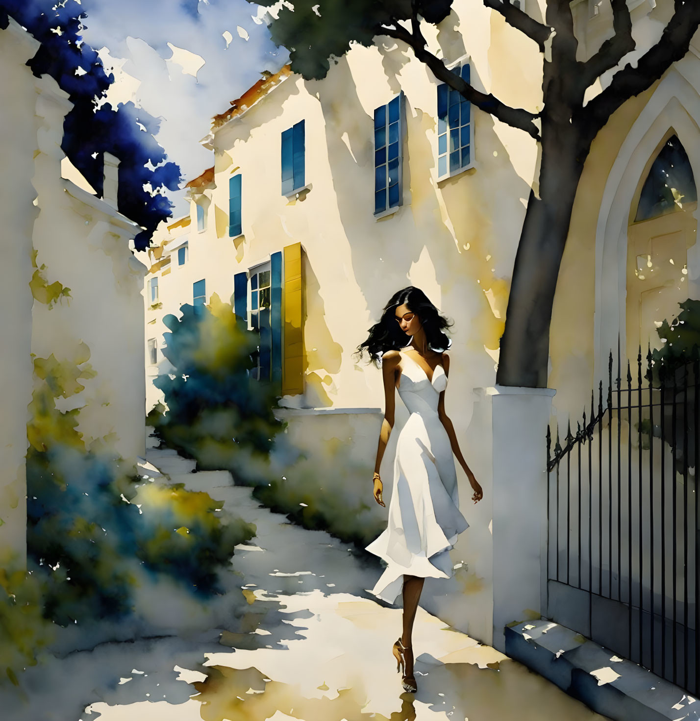 Woman in white dress near sunlit house with blue shutters and lush greenery