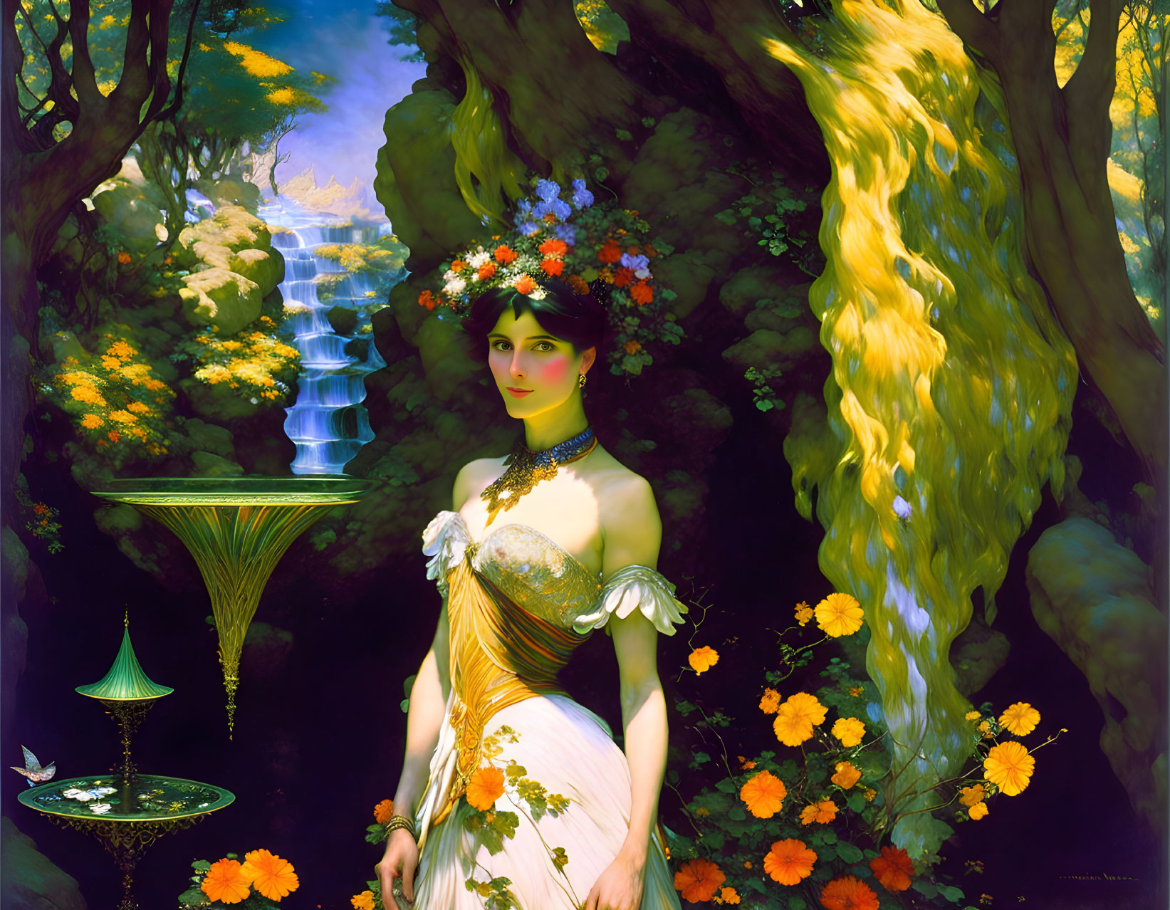 Ethereal woman in floral wreath in fantastical forest with waterfall