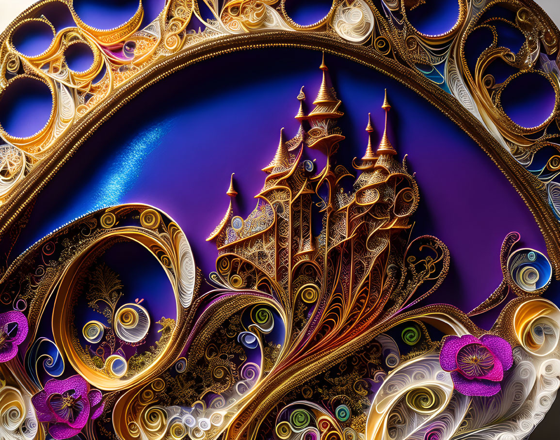 Fantasy castle fractal with golden swirls and purple hues