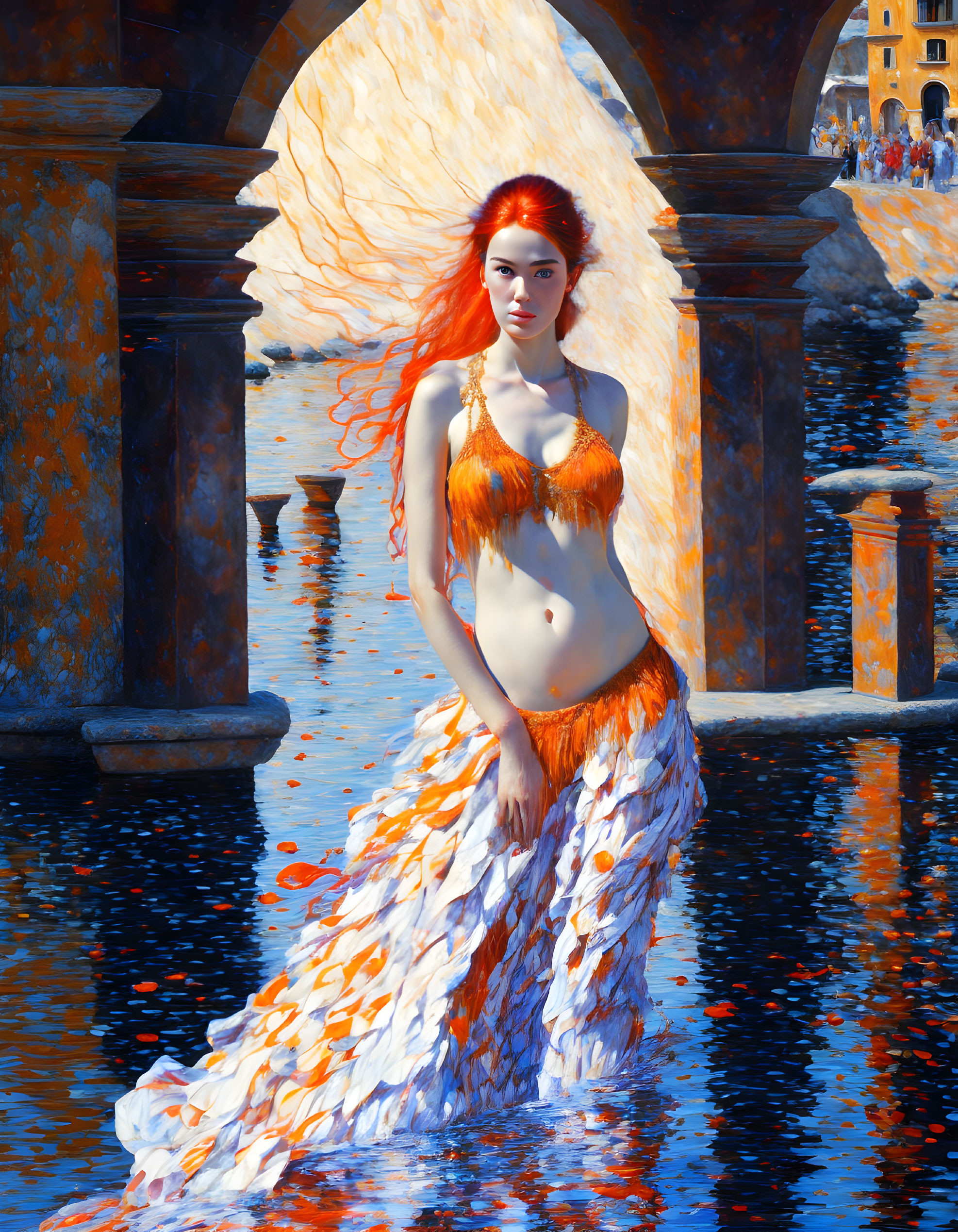 Red-haired woman with orange mermaid tail by water's edge with stone bridges and buildings.