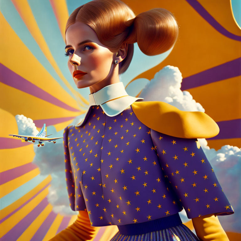 Stylized digital portrait of woman with hair buns in star-patterned outfit against sky backdrop