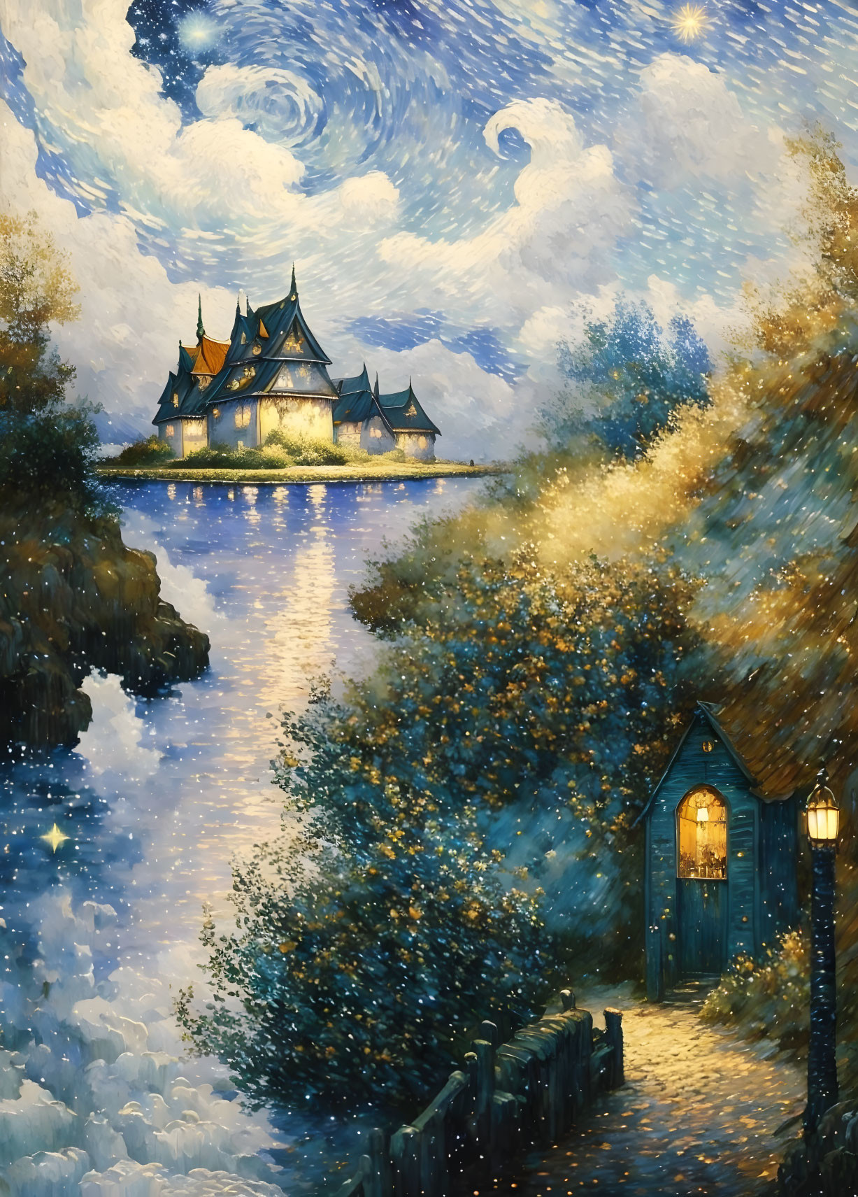 Whimsical castle painting with starry night sky and glowing reflections