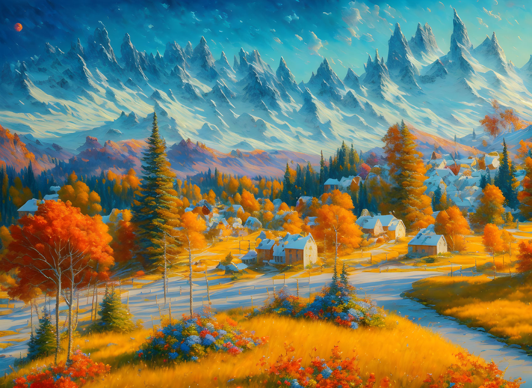 Vivid Autumn Landscape with Colorful Trees, Village, and Mountains