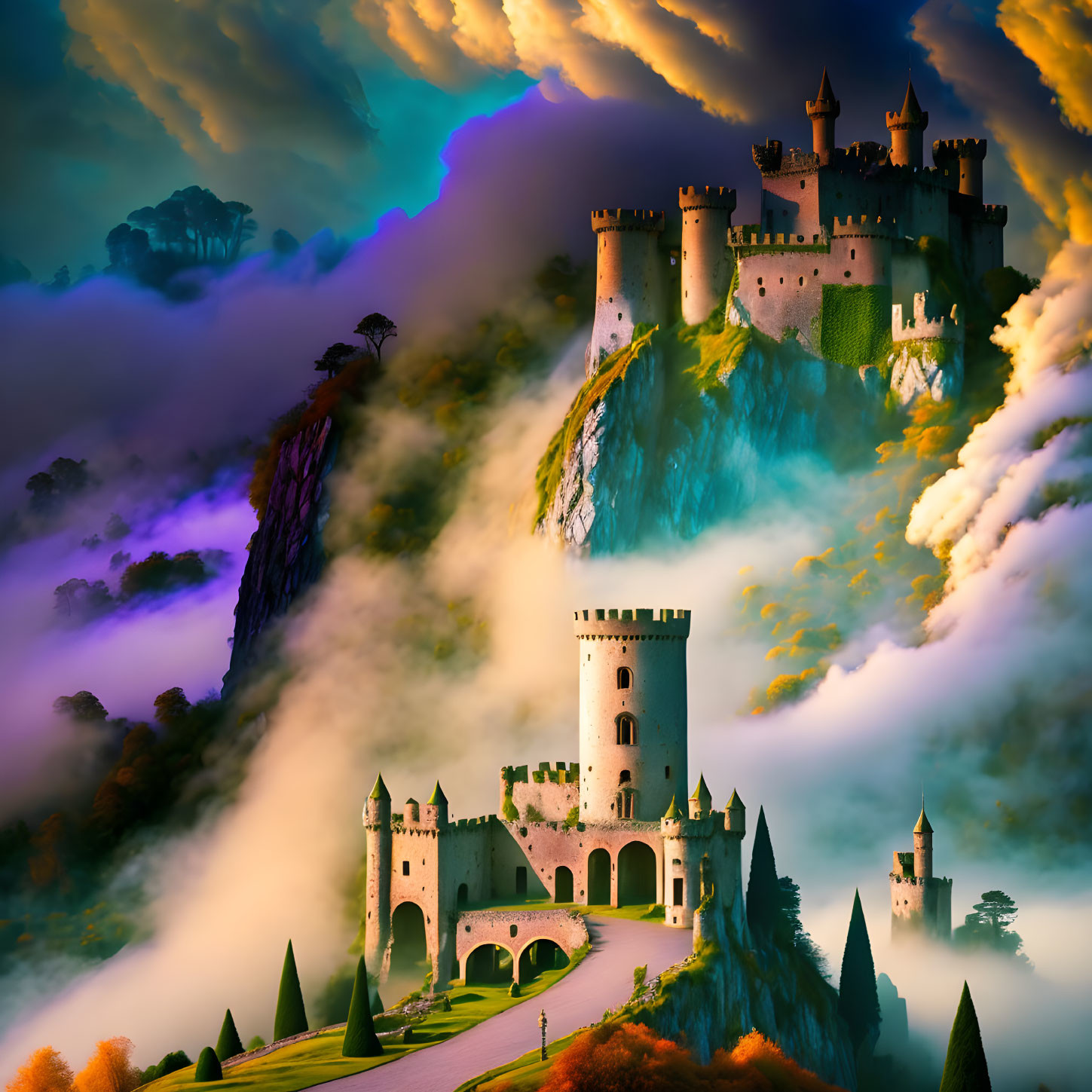 Fantastical illuminated castle on cliff in misty mountains at dusk