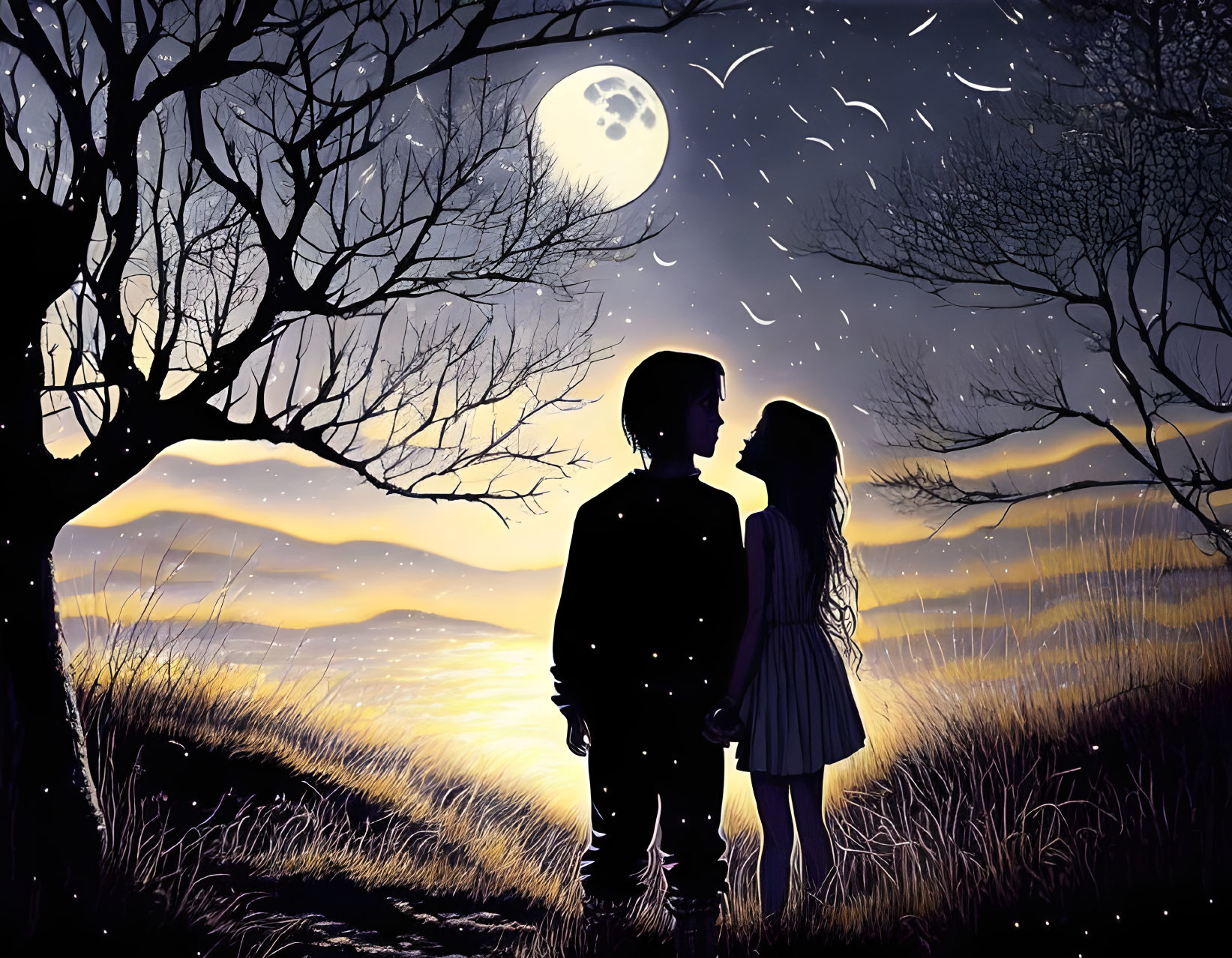 Silhouette of couple under night sky with full moon and stars amid trees and hills