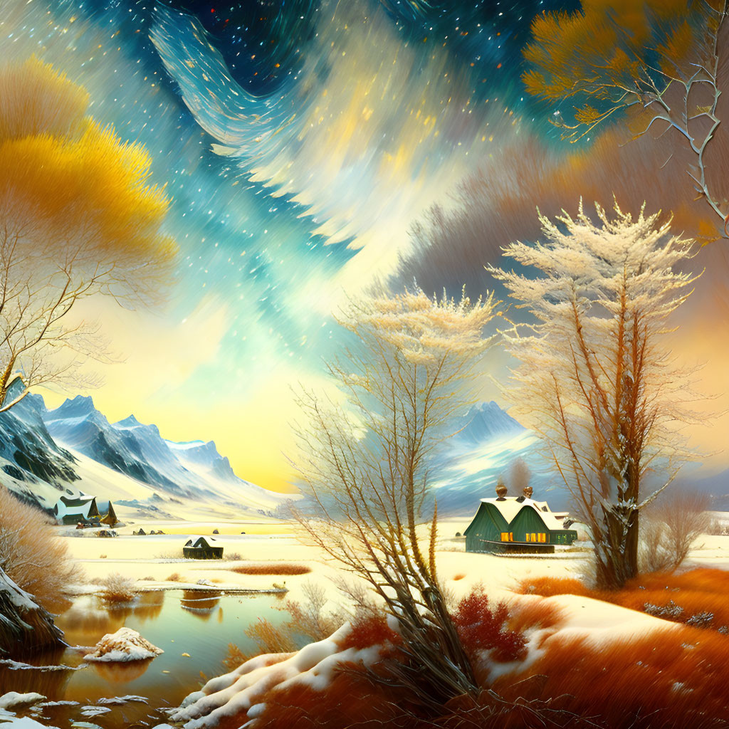 Surreal winter scene with starry sky, golden tree, frosted landscape, cozy cottage,