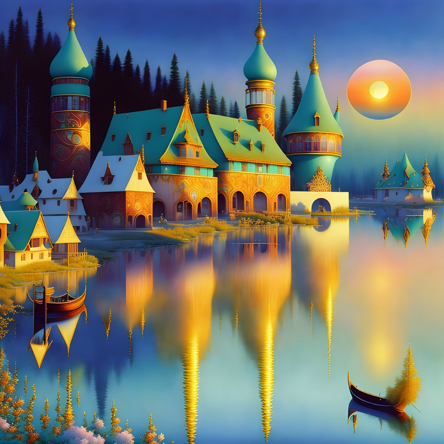 Fantastical castle illustration at sunset by tranquil lake