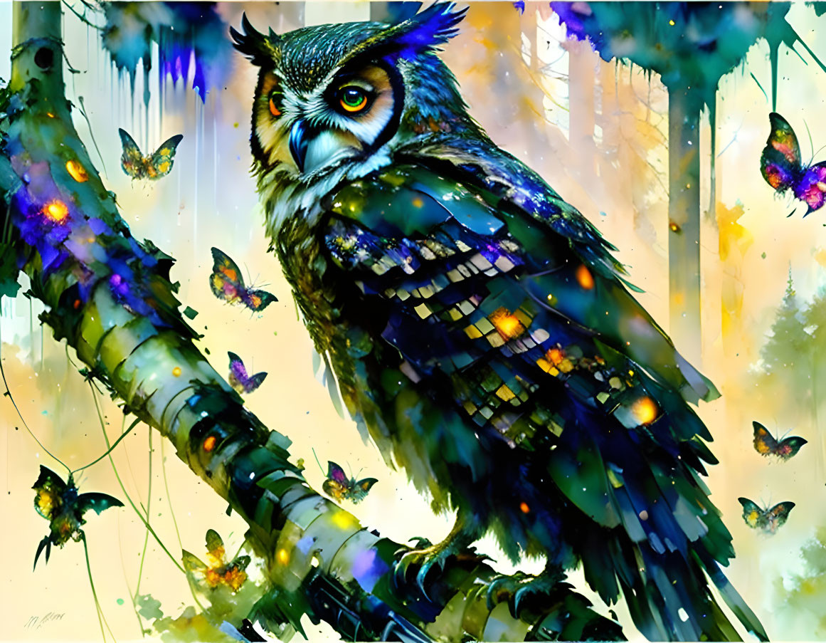 Colorful Digital Artwork: Owl on Branch with Butterflies in Abstract Forest