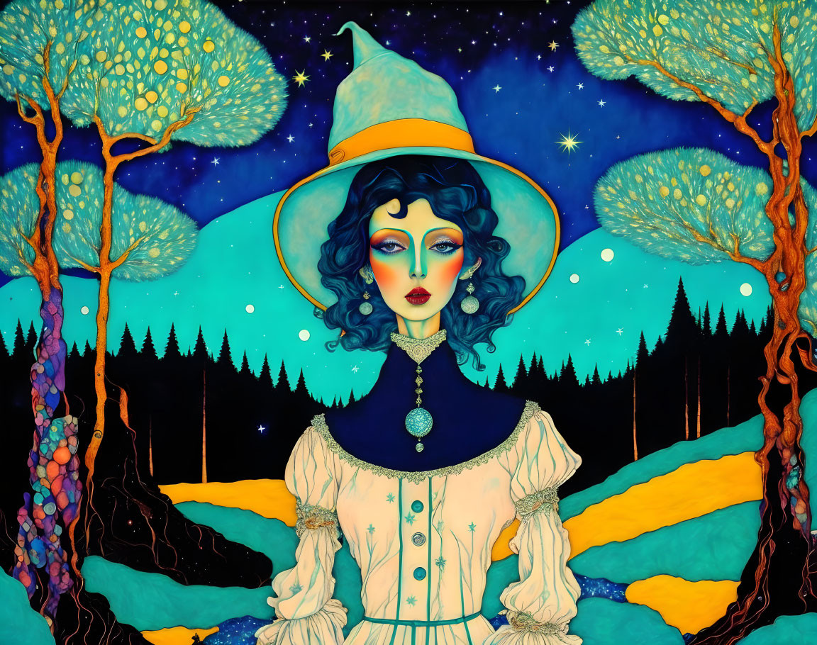 Colorful Witch Illustration Against Night Sky and Forest