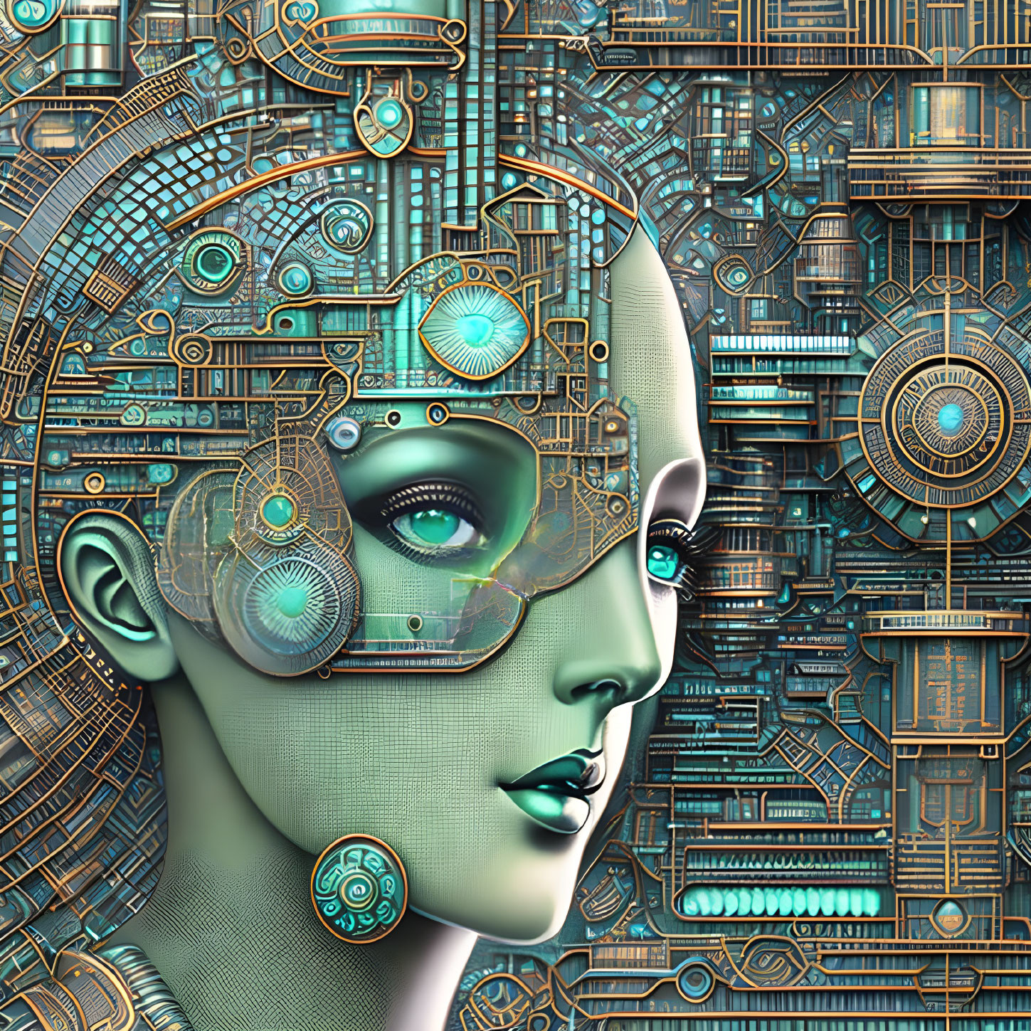 Detailed humanoid robot head illustration with blue and gold metallic textures.