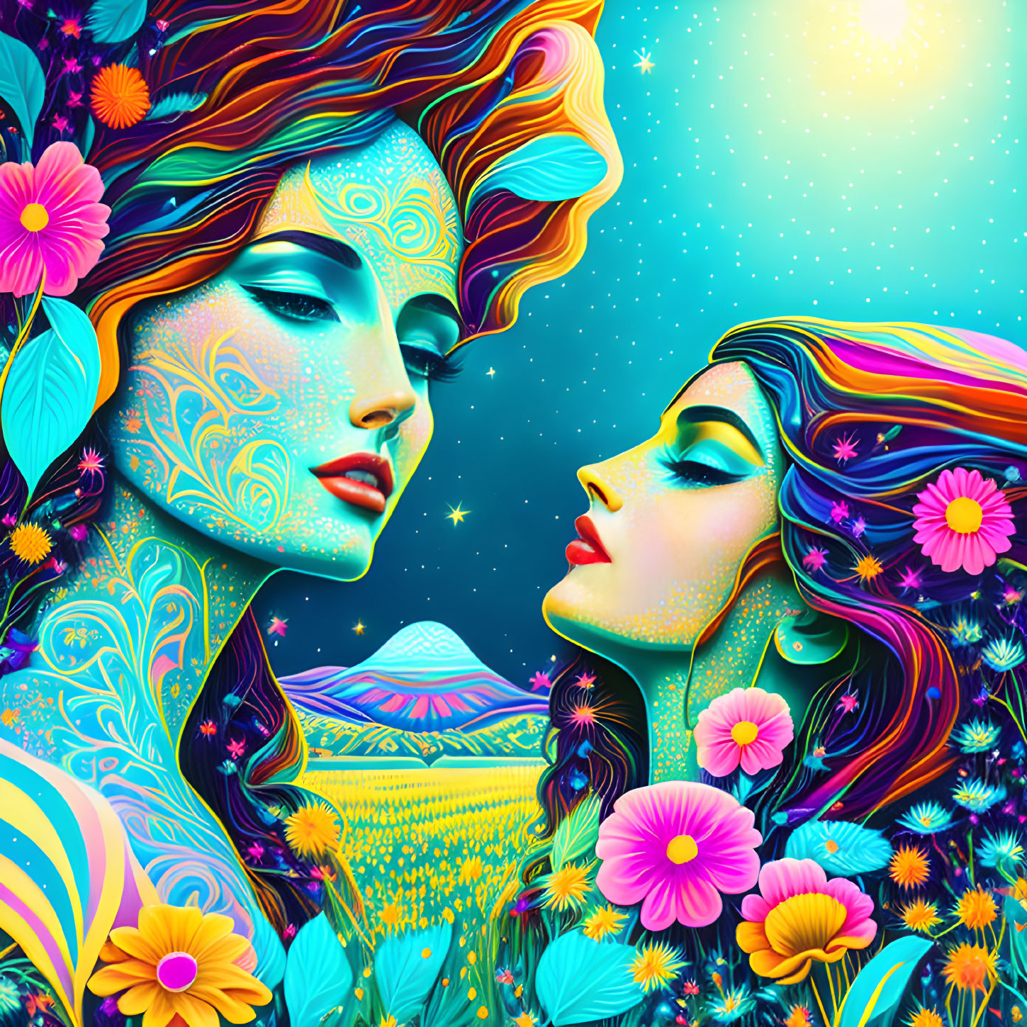 Colorful digital artwork of two women with floral hair in fantasy landscape