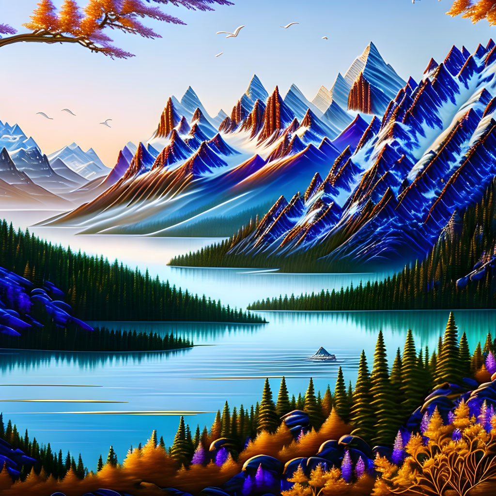 Colorful digital artwork: Mountain landscape, blue lake, autumn forests, birds in flight