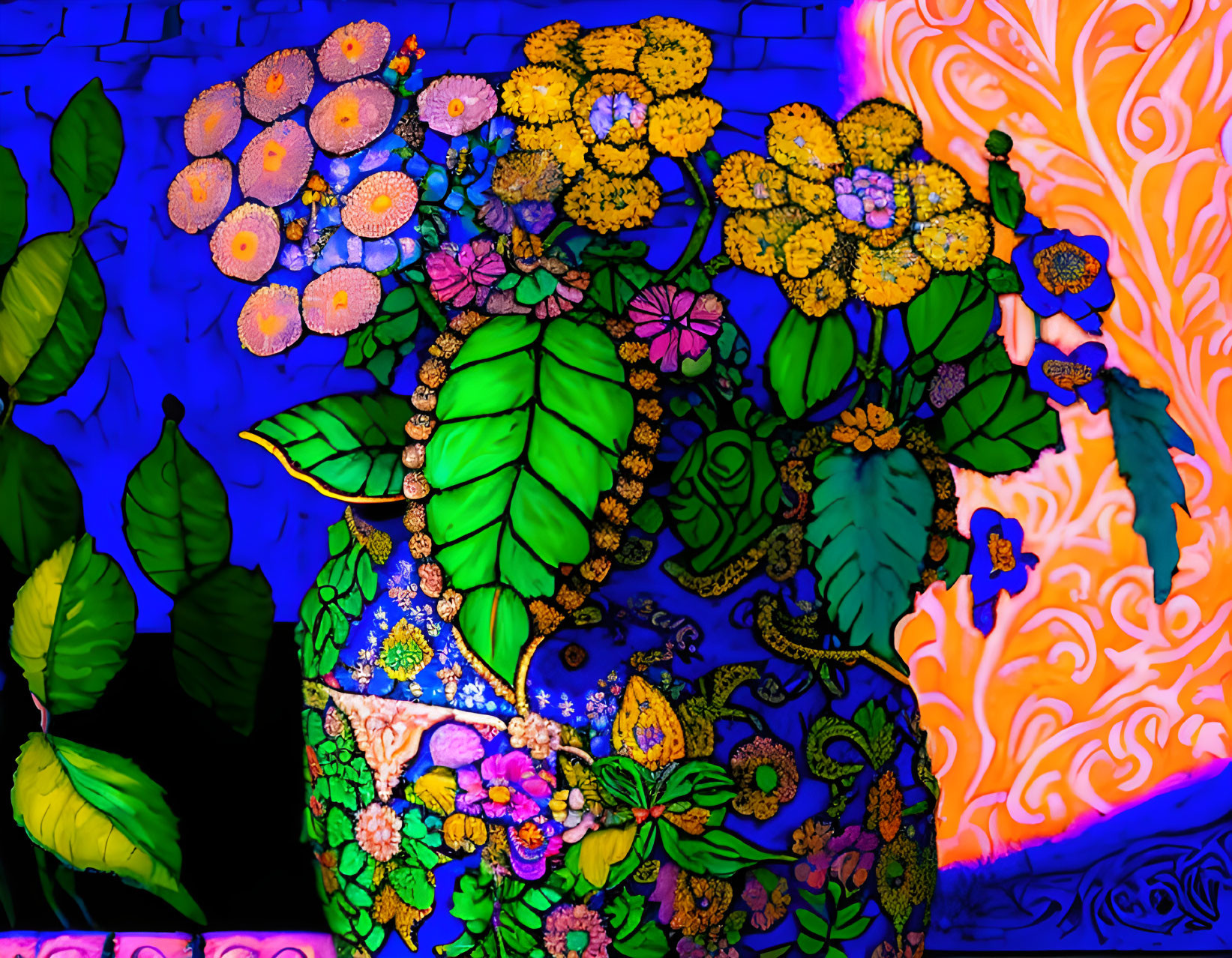 Colorful blue vase with floral patterns holding yellow flowers against brick wall and orange backdrop