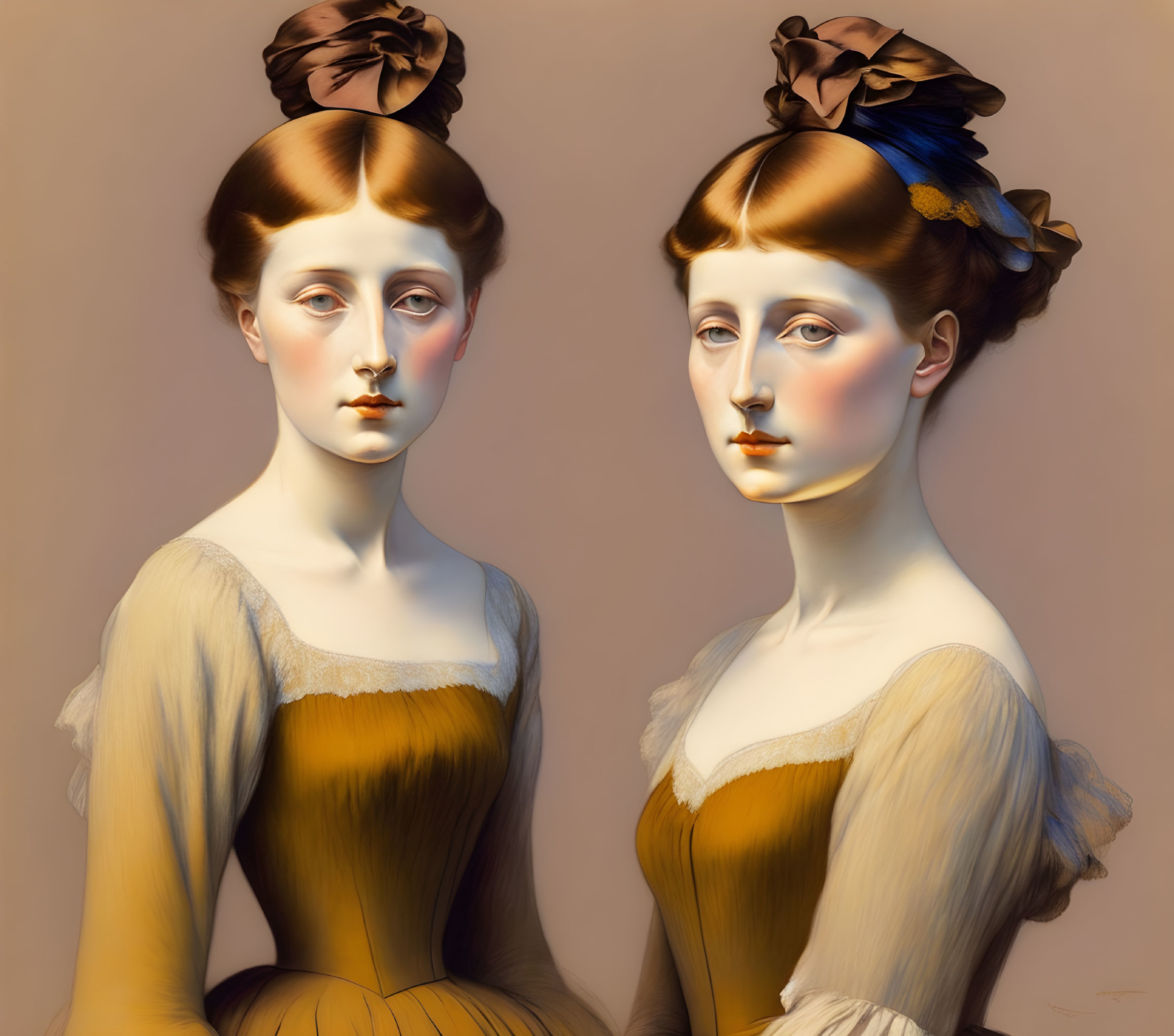 Identical surreal female figures in yellow dresses with brown hair bows