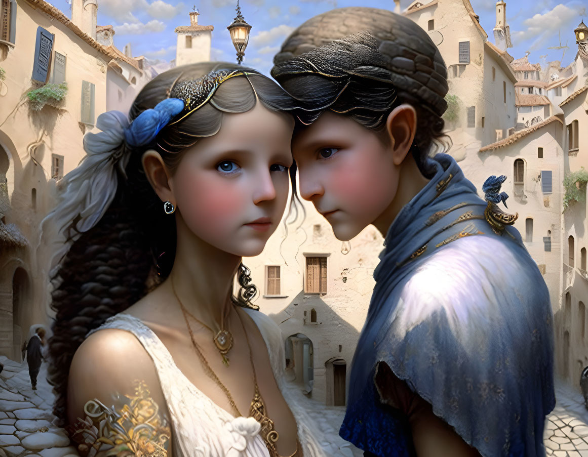 Detailed digital artwork of children in classical attire in a fantasy Renaissance town