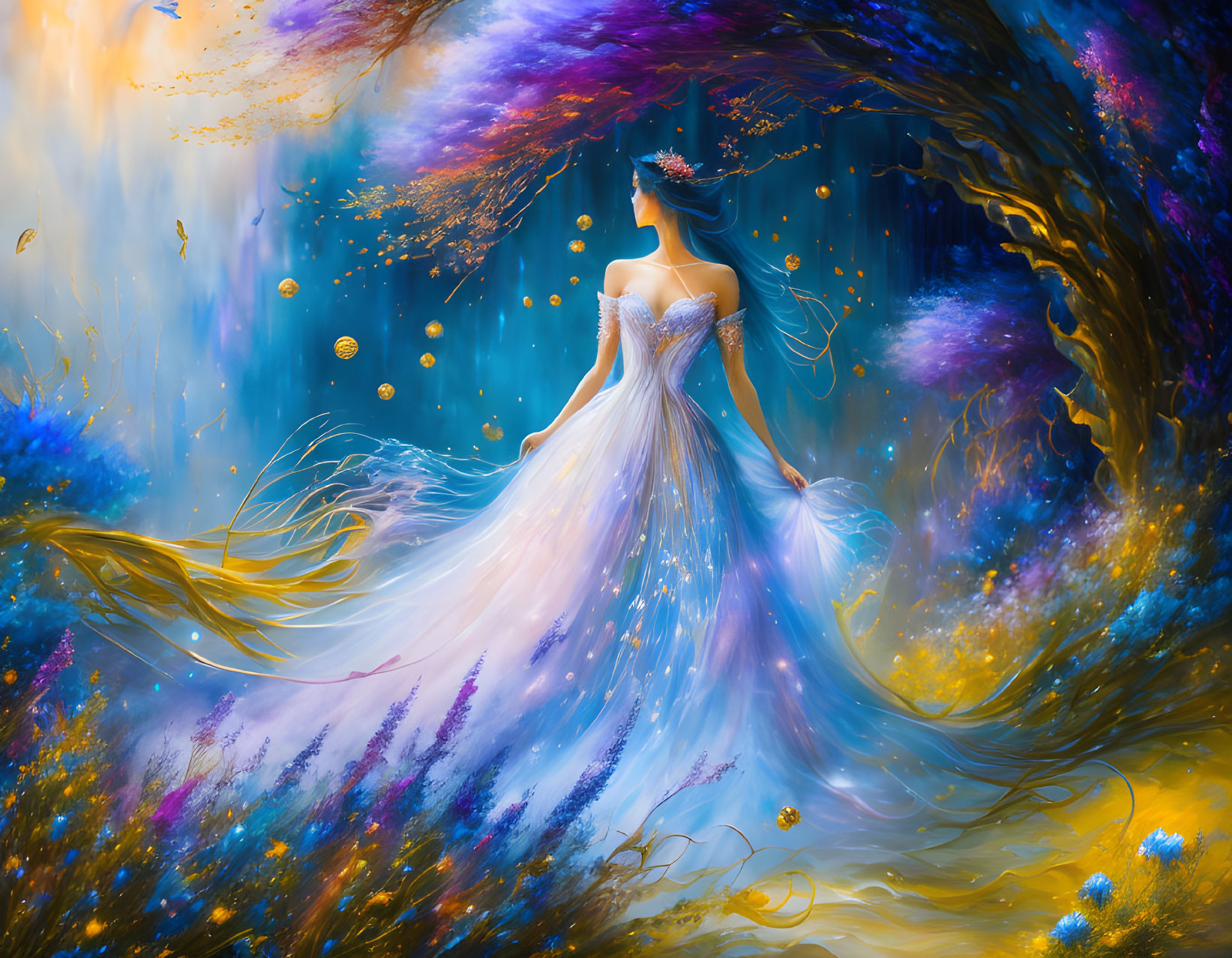 Ethereal woman in colorful cosmic landscape