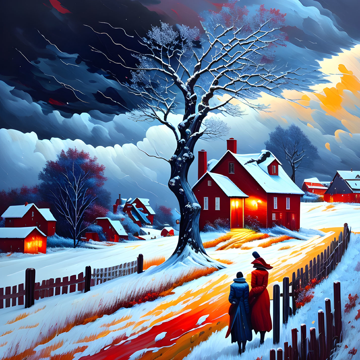 Couple by snowy fence near warm-lit house under dramatic sky