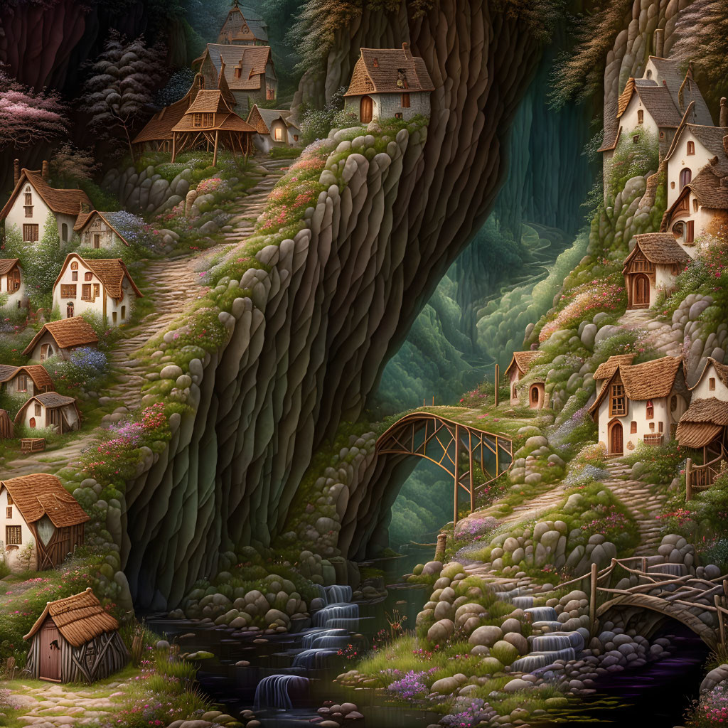 Enchanted forest village with terraced houses and stone bridges