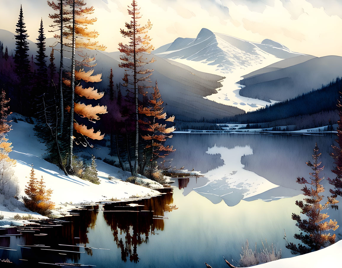 Serene lake with snow-capped mountains and autumn trees