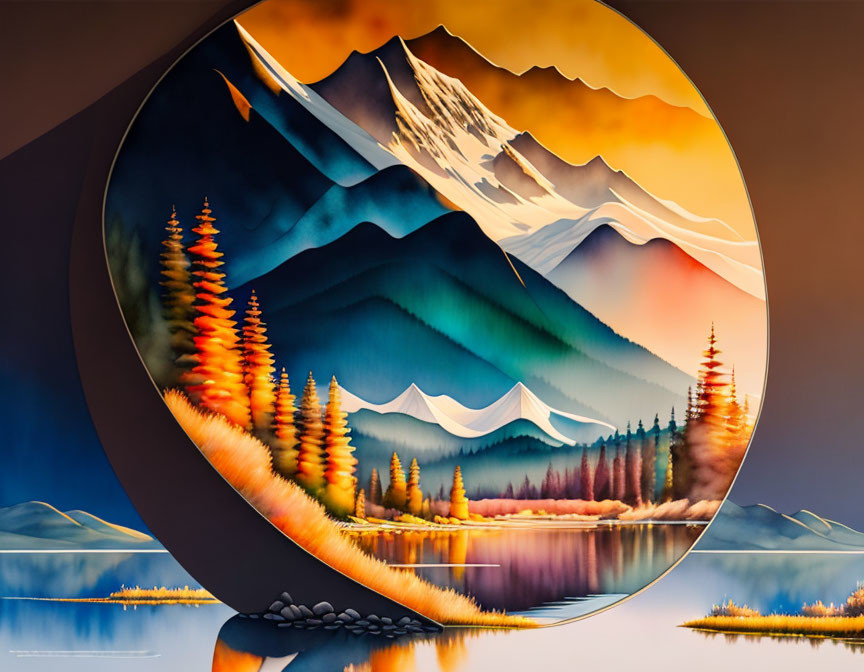 Circular Landscape Artwork: Mountains, Trees, Lake Reflections