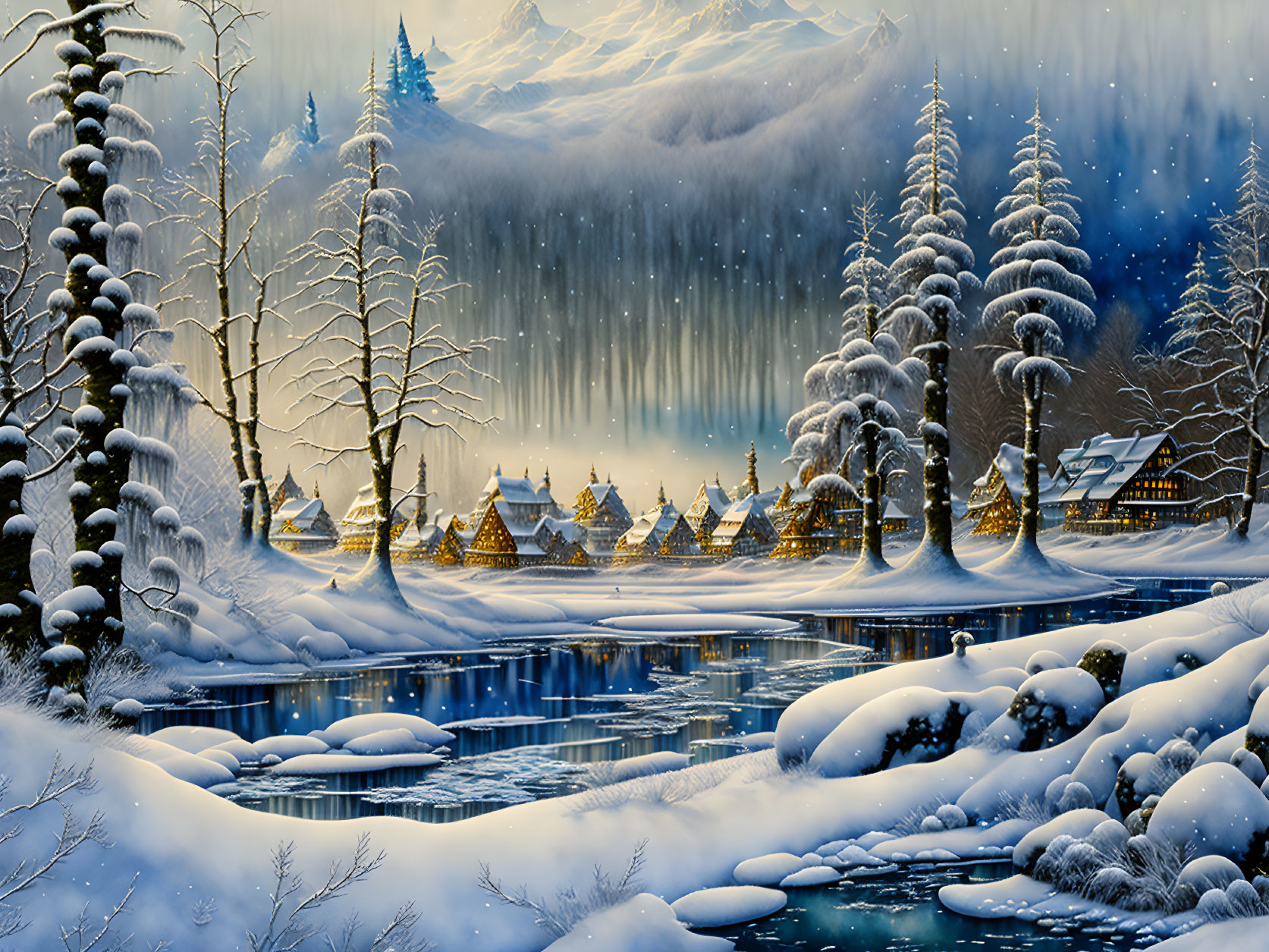 Snowy winter village scene with cozy houses and icy river