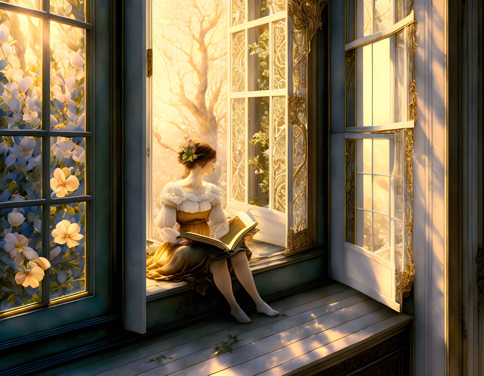 Vintage-dressed woman reading by sunlit window with blue flowers and forest view