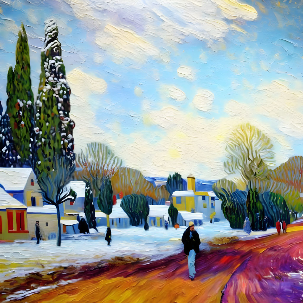 Winter landscape painting with solitary figure, snow-covered trees, colorful houses, and cloudy sky