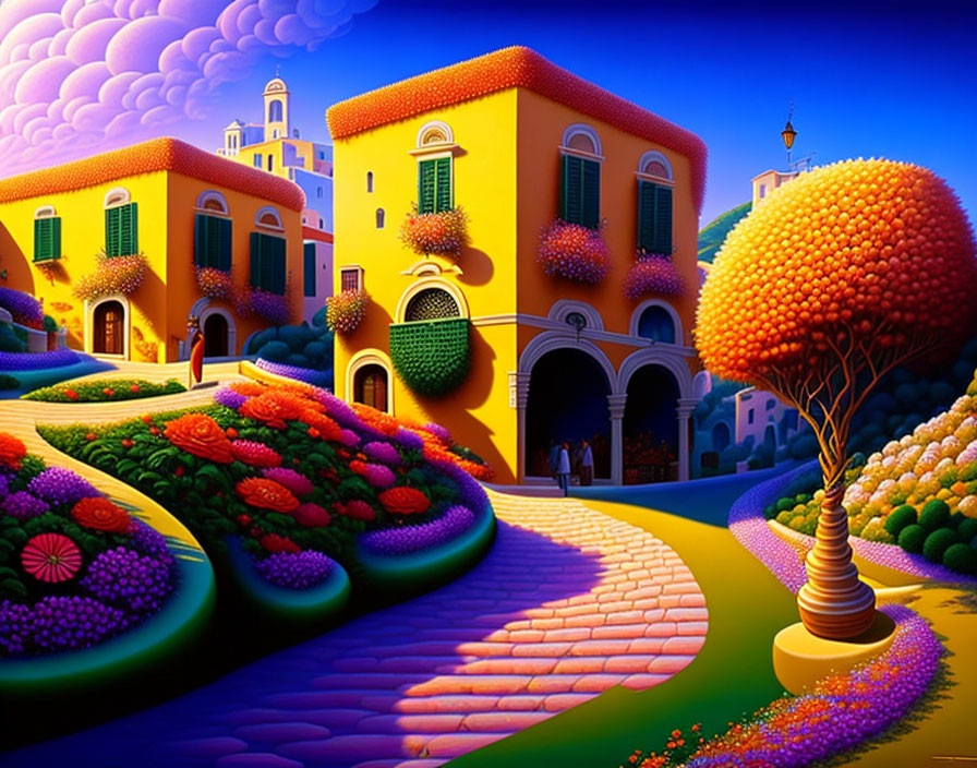 Colorful Painting: Whimsical Village with Yellow Buildings and Lush Gardens