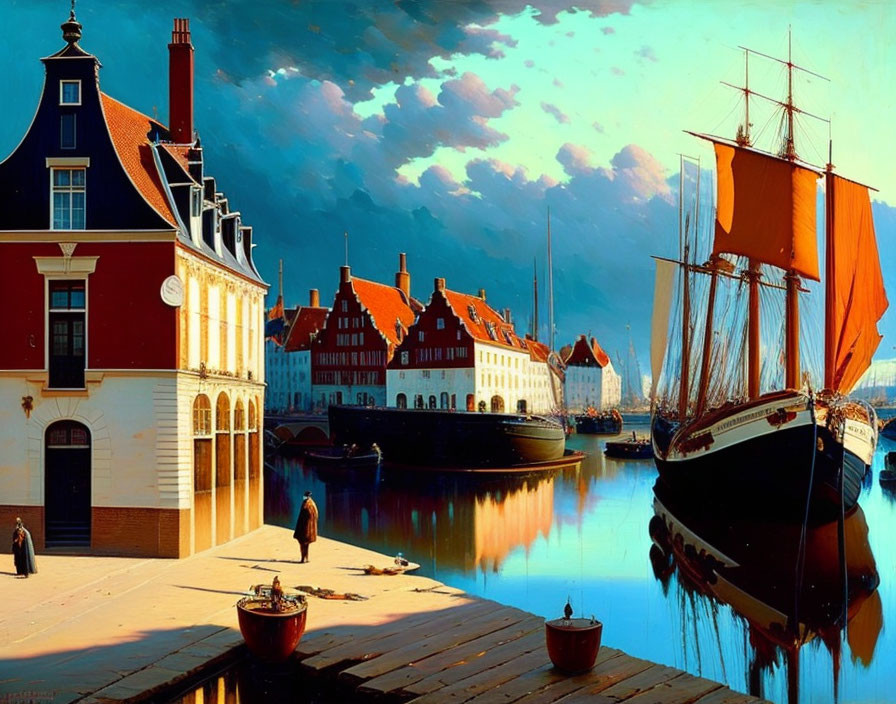 Tranquil harbor scene with orange sailboat and European architecture