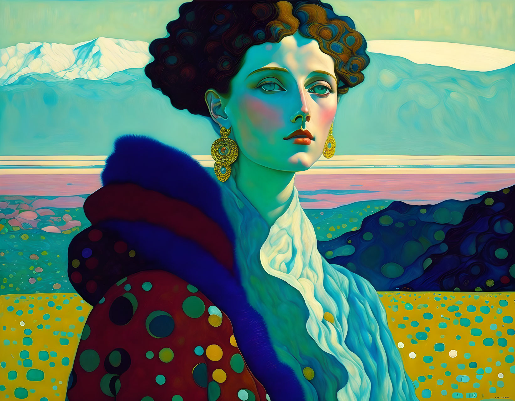 Woman with Curly Hair in Fur Coat & Earrings Against Colorful Landscape