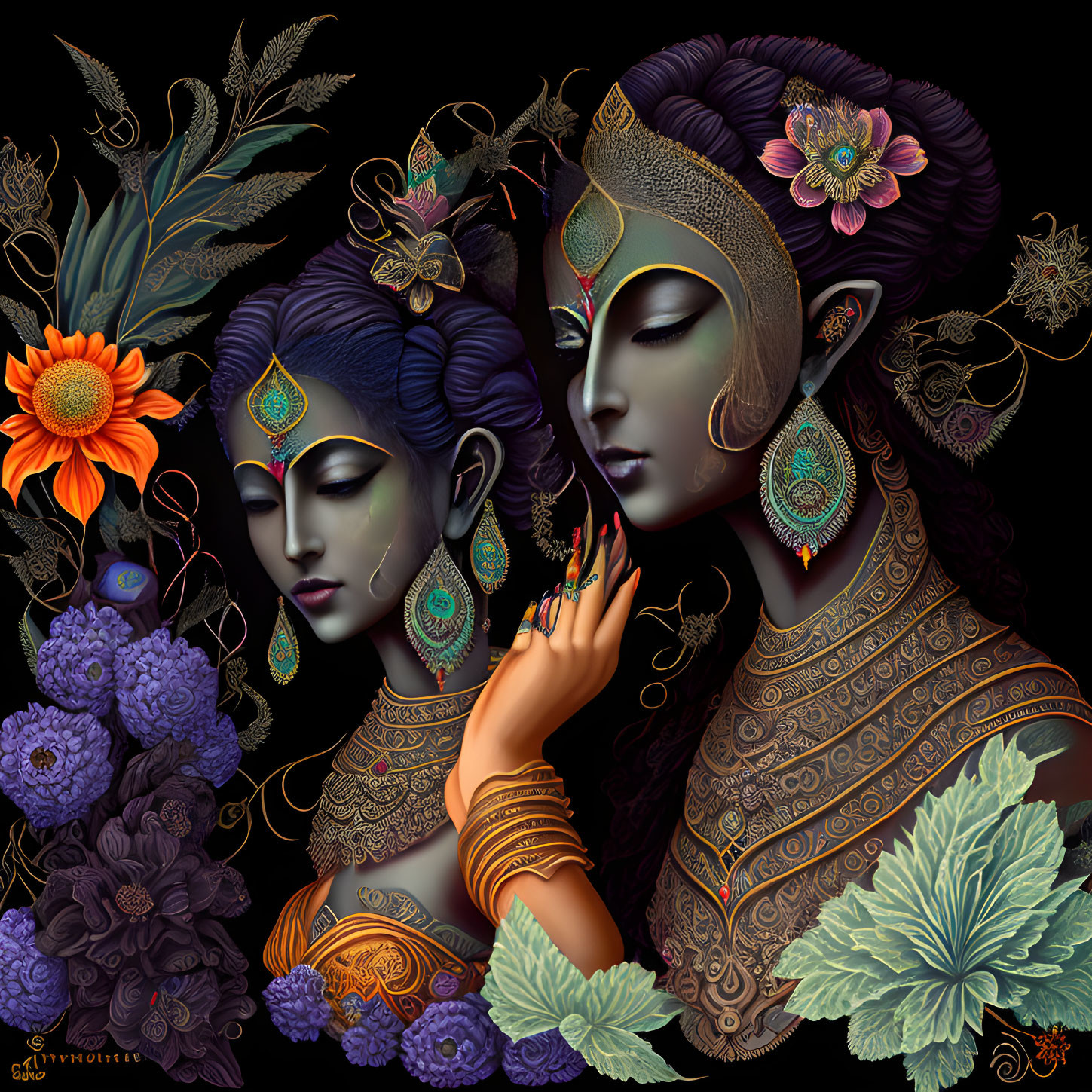 Detailed illustration of two women with ornate headdresses and jewelry, dark background with vibrant flowers and pe