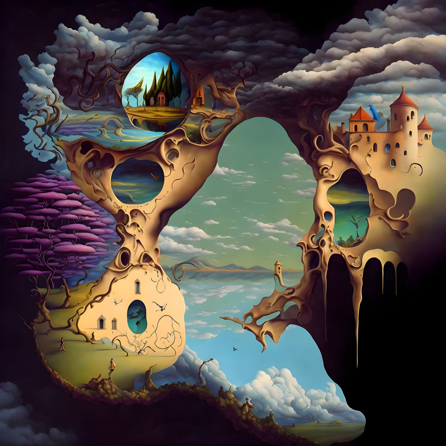 Surreal landscape with floating islands and whimsical castles