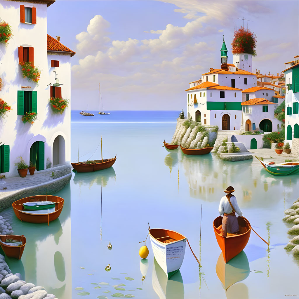 Tranquil coastal village painting with rowboat on calm sea