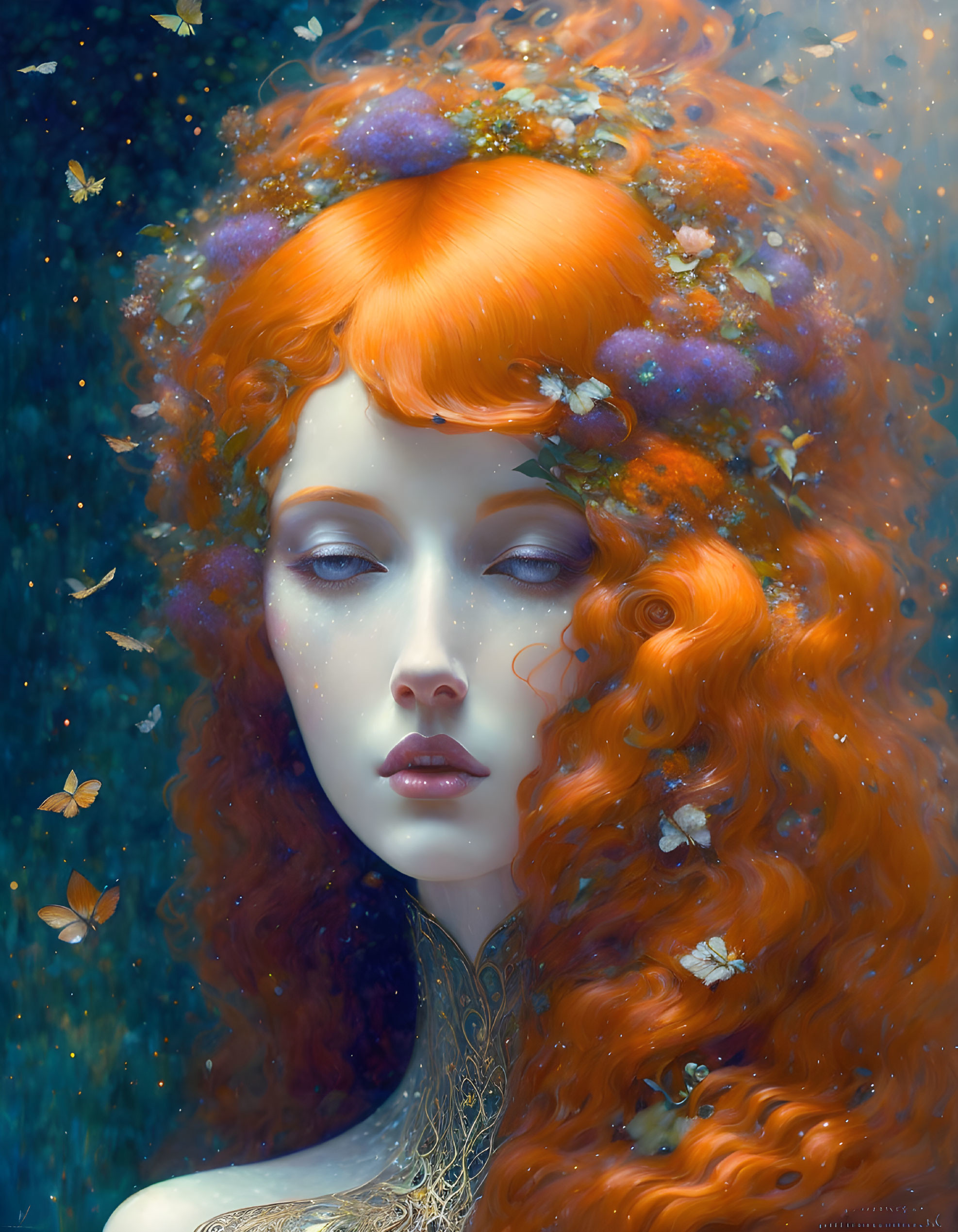 Vibrant digital portrait of woman with red hair, butterflies, flowers on starry blue background